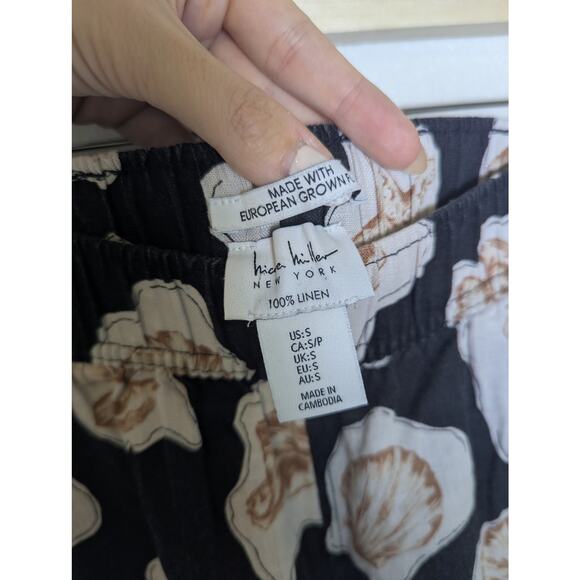 Nicole Miller 100% Linen Shell Print Black Wide Leg Pants Women S Beachy Coastal - Picture 6 of 11